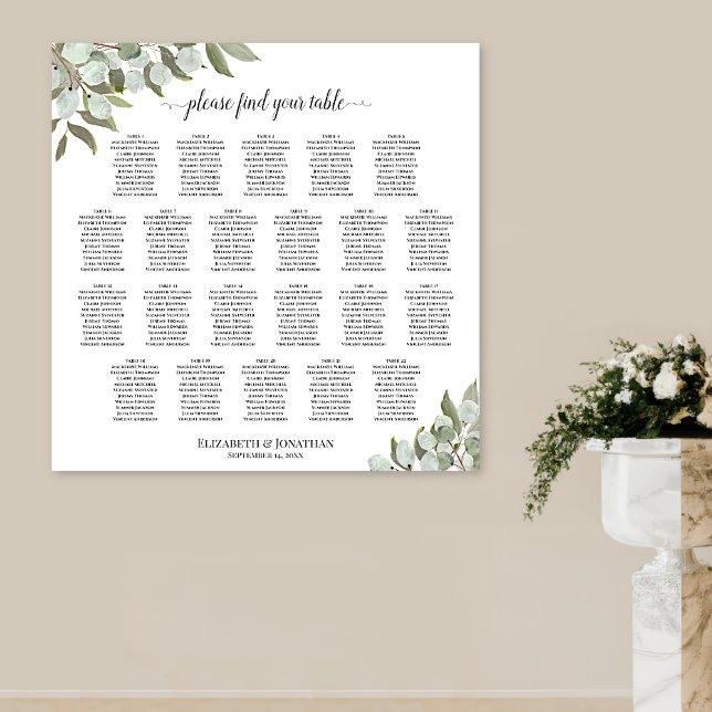 22 Table Rustic Eucalyptus Wedding Seating Chart (In Situ on Wall with Pedestal Vase)