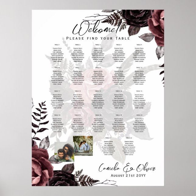 22 Table Seating Chart Photo Welcome Names Wedding (Front)
