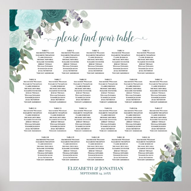 22 Table Teal Boho Floral Wedding Seating Chart (Front)