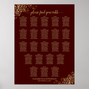 22 Table Wedding Seating Chart Burgundy Gold Lace