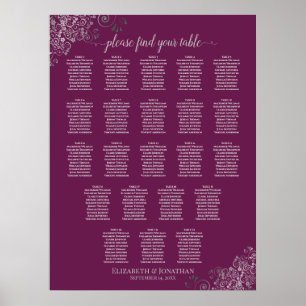 22 Table Wedding Seating Chart Cassis Purple Gray