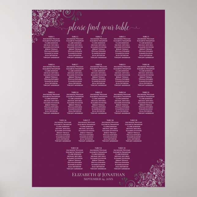 22 Table Wedding Seating Chart Cassis Purple Gray (Front)