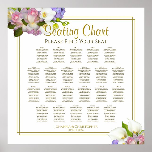 22 Table Wedding Seating Chart Gold & Pink Floral (Front)