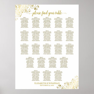 22 Table Wedding Seating Chart White & Gold Frills