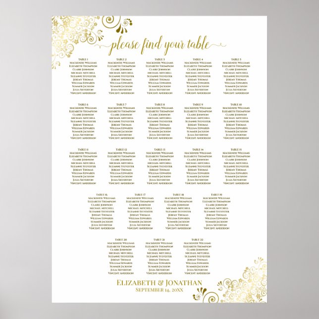 22 Table Wedding Seating Chart White & Gold Frills (Front)