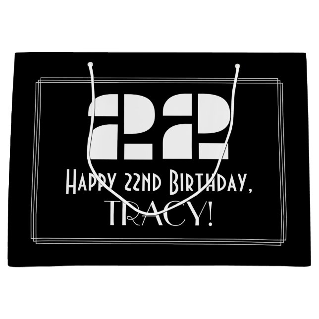 22nd Birthday ~ Art Deco Inspired Look "22" + Name Large Gift Bag (Front)