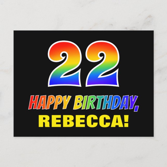 22nd Birthday: Bold, Fun, Simple, Rainbow 22 Postcard (Front)