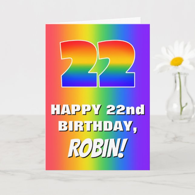 22nd Birthday: Colourful, Fun Rainbow Pattern # 22 Card (Small Plant)