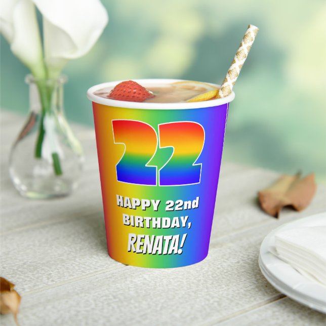 22nd Birthday: Colourful, Fun Rainbow Pattern # 22 Paper Cups (Insitu)