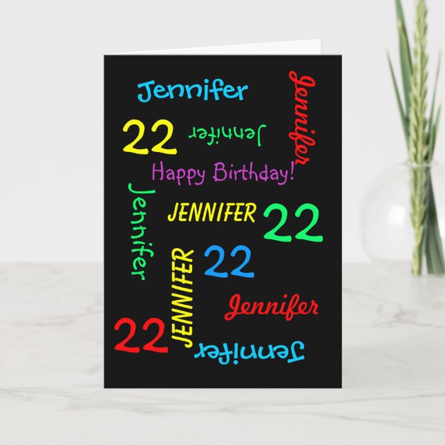 22nd Birthday Custom Card Any Name, Black (Front)