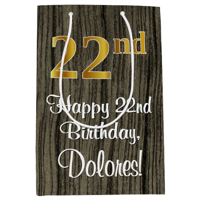 22nd Birthday: Elegant Faux Gold Look #, Faux Wood Medium Gift Bag (Front)
