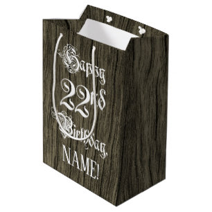 22nd Birthday: Fancy, Faux Wood Look + Custom Name Medium Gift Bag
