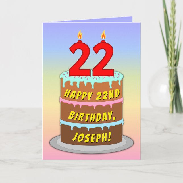 22nd Birthday — Fun Cake & Candles, w/ Custom Name Card (Front)