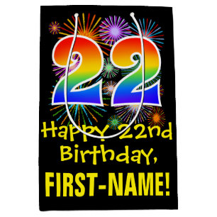 22nd Birthday: Fun Fireworks Pattern + Rainbow 22 Medium Gift Bag