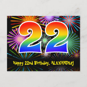 22nd Birthday – Fun Fireworks Pattern + Rainbow 22 Postcard