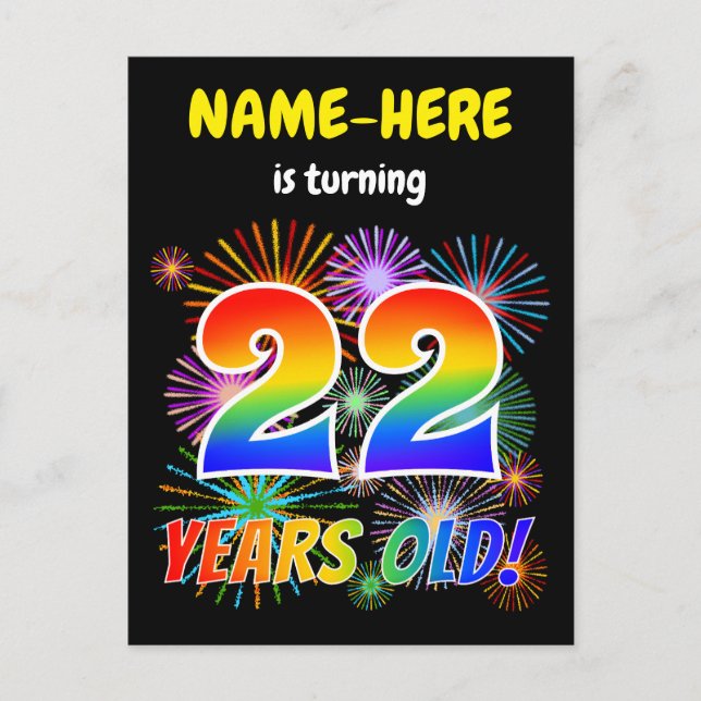 22nd Birthday - Fun Fireworks, Rainbow Look "22" Postcard (Front)