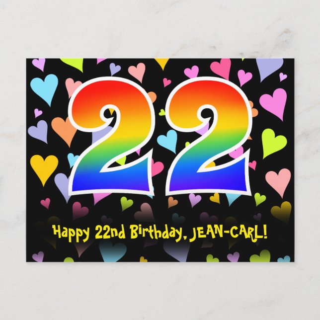 22nd Birthday: Fun Hearts Pattern, Rainbow 22 Postcard (Front)