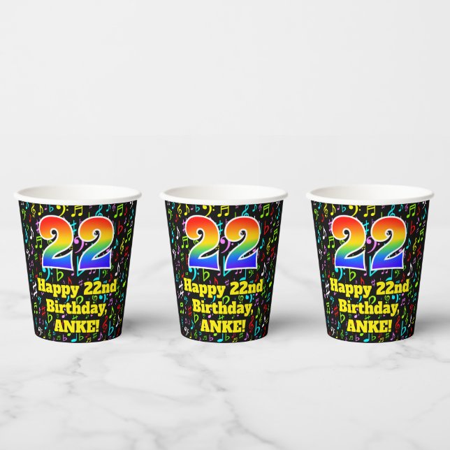 22nd Birthday: Fun Music Notes Pattern, Rainbow 22 Paper Cups (Multi)