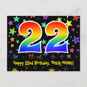 22nd Birthday: Fun Stars Pattern, Rainbow 22, Name Postcard