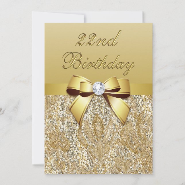22nd Birthday Gold Faux Sequins and Bow Invitation (Front)