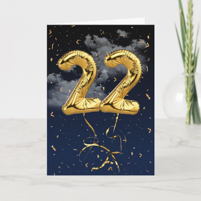 22nd Birthday Gold Mylar Balloon and Confetti Card (Front)