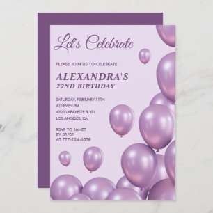 22nd birthday invitations Balloons Chic Purple