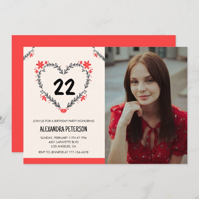 22nd birthday invitations for her Floral Heart (Front/Back)