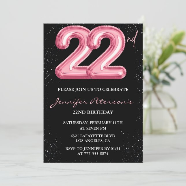 22nd birthday invitations Pink Balloon Glam Black  (Standing Front)