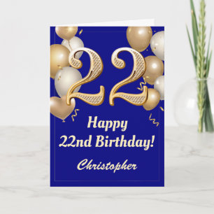 22nd Birthday Navy Blue and Gold Balloons Confetti Card