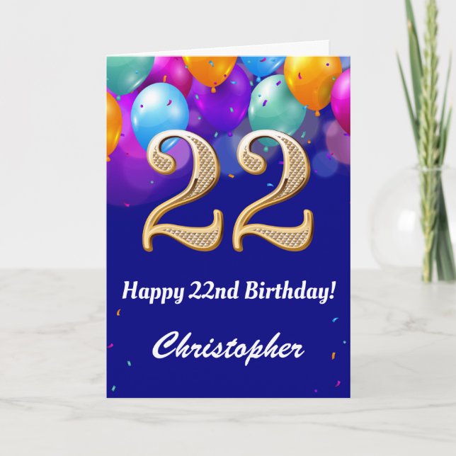 22nd Birthday Navy Blue and Gold Colourful Balloon Card (Front)