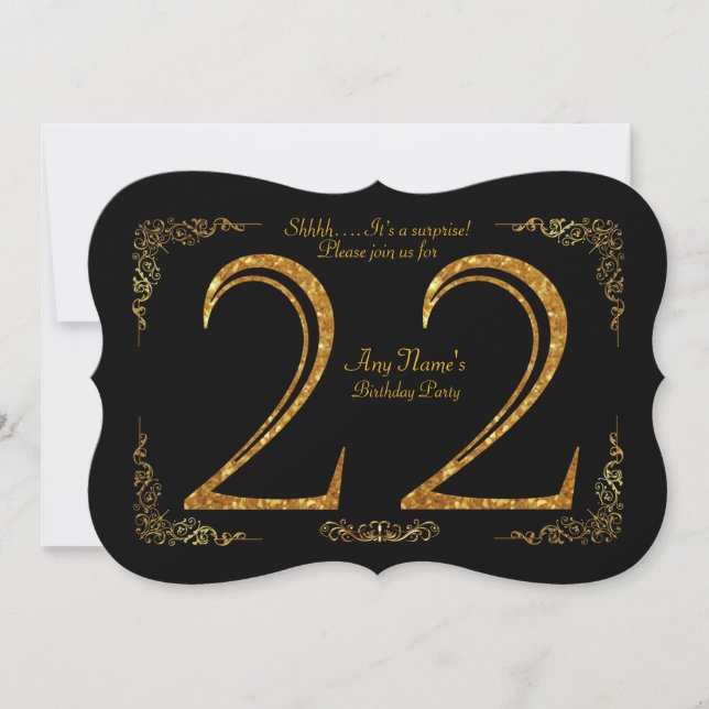 22nd,Birthday party 22nd,great Gatsby,black & gold Invitation (Front)