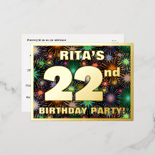 22nd Birthday Party: Bold, Colorful Fireworks Look Foil Invitation Postcard
