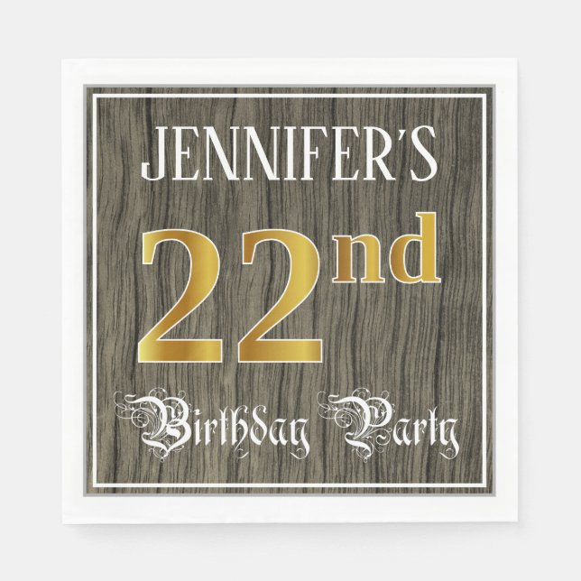 22nd Birthday Party — Faux Gold & Faux Wood Looks Napkin (Front)