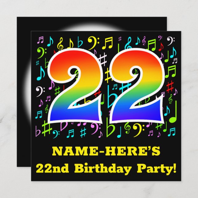 22nd Birthday Party: Fun Music Symbols, Rainbow 22 Invitation (Front/Back)