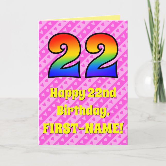 22nd Birthday: Pink Stripes & Hearts, Rainbow # 22 Card (Front)