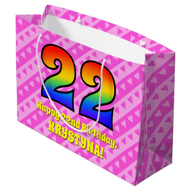 22nd Birthday: Pink Stripes & Hearts, Rainbow # 22 Large Gift Bag (Back Angled)