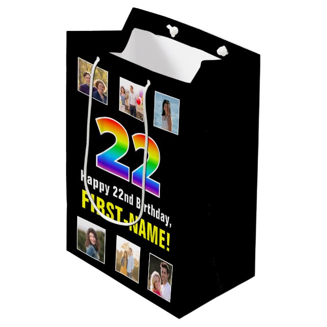 22nd Birthday: Rainbow “22“, Custom Photos & Name Medium Gift Bag (Front Angled)