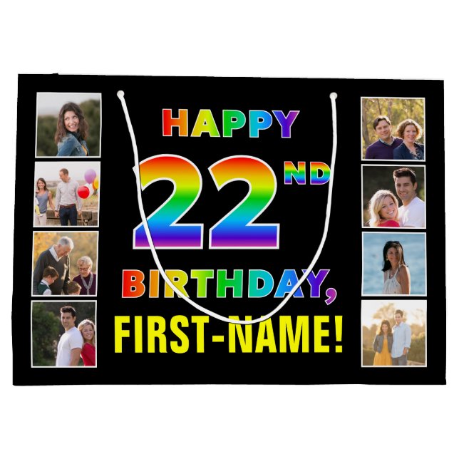 22nd Birthday: Rainbow Text, Custom Photos & Name Large Gift Bag (Back)