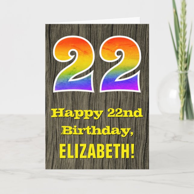 22nd Birthday: Rustic Faux Wood Look, Rainbow "22" Card (Front)