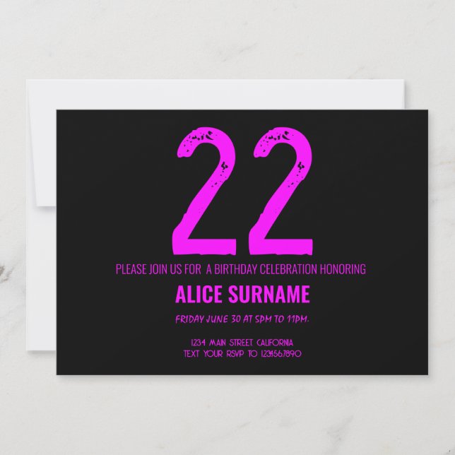 22nd Birthday Simple Pink Typography  Invitation (Front)
