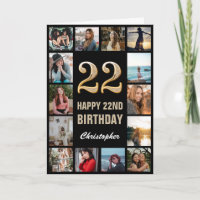 22nd Happy Birthday Black and Gold Photo Collage