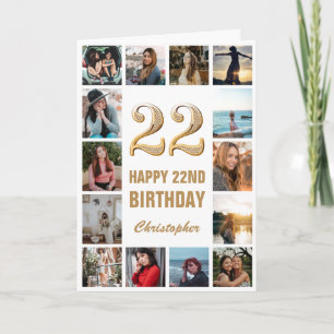 22nd Happy Birthday Gold and White Photo Collage Card