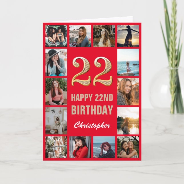 22nd Happy Birthday Red and Gold Photo Collage Card (Front)