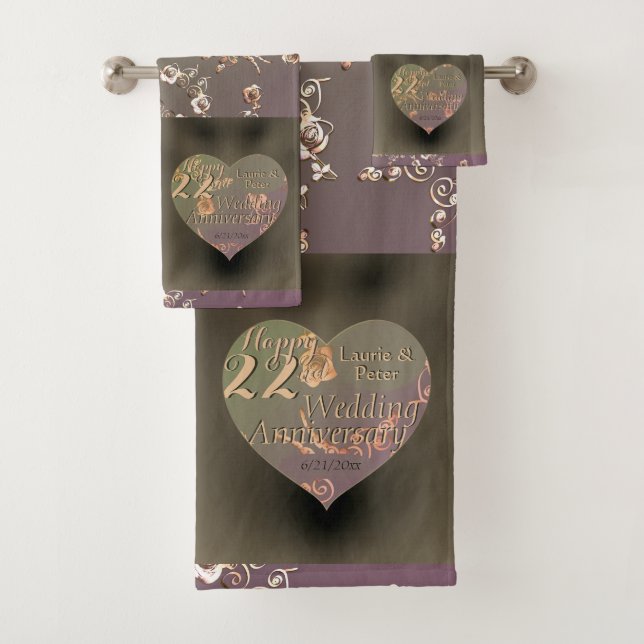22nd Wedding Anniversary Coppery Heart Rose   Bath Towel Set (Insitu)