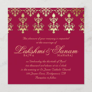 232 Indian Wedding Invite Damask Gold Autumn Wine