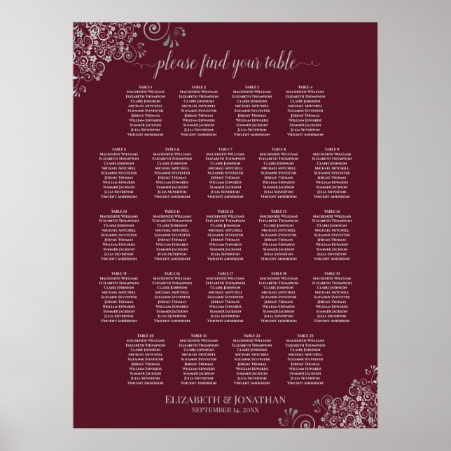 23 Table Burgundy & Silver Wedding Seating Chart (Front)