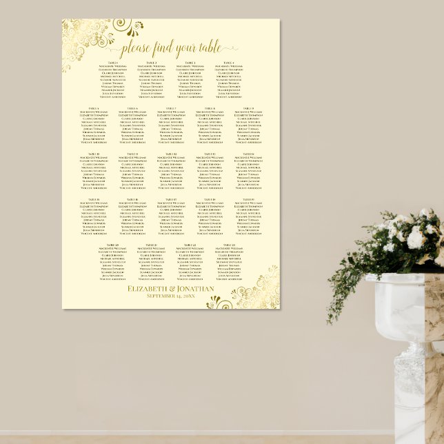 23 Table Cream & Gold Frills Wedding Seating Chart (On Wall)