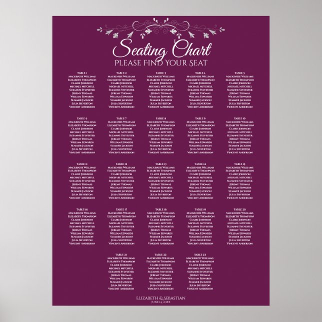 23 Table Elegant Cassis Wedding Seating Chart (Front)