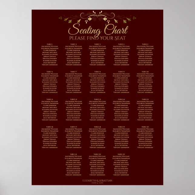 23 Table Gold & Auburn Brown Wedding Seating Chart (Front)