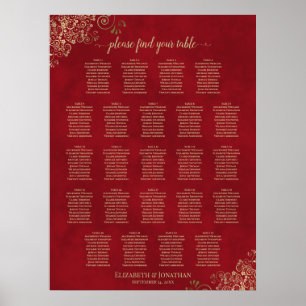 23 Table Gold Frills on Red Wedding Seating Chart